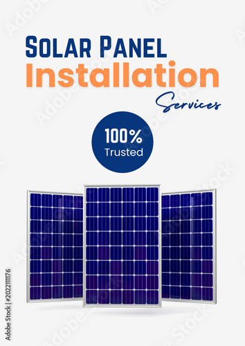 Solar Panel Installation Services Poster — 100% Trusted, Three Panel Display | Navy Blue Orange Professional Solar Service Flyer Template