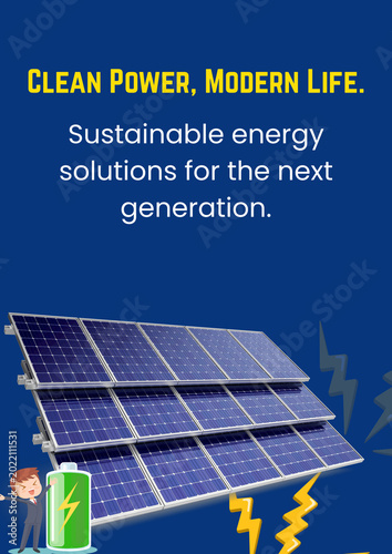 Clean Power Modern Life Solar Energy Poster — Sustainable Energy Solutions Next Generation | Navy Blue Yellow Solar Panel Flyer Template