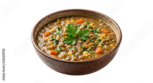 Hearty Lentil Soup with Carrots and Parsley in Rustic Bowl