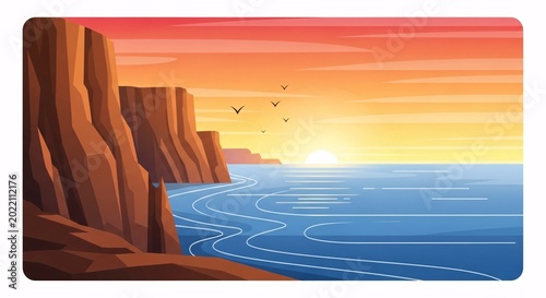Serene ocean landscape with rocky cliffs.