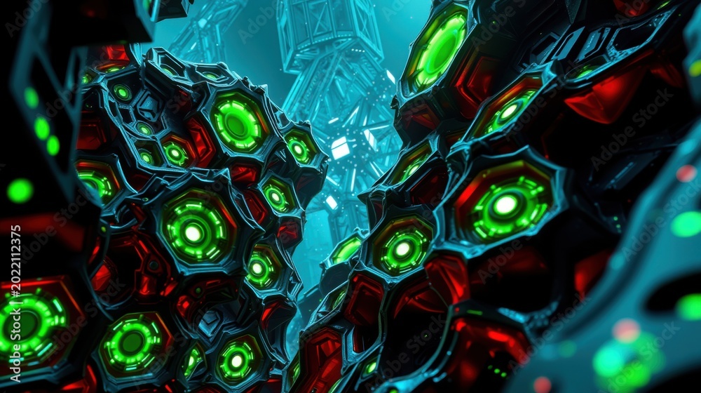 Fototapeta premium Futuristic tunnel, glowing hexagonal structures. Dark background highlights vibrant green, red, cyan illumination. Complex geometry creates immersive view.