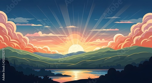 Serene sunset over mountain lake landscape.