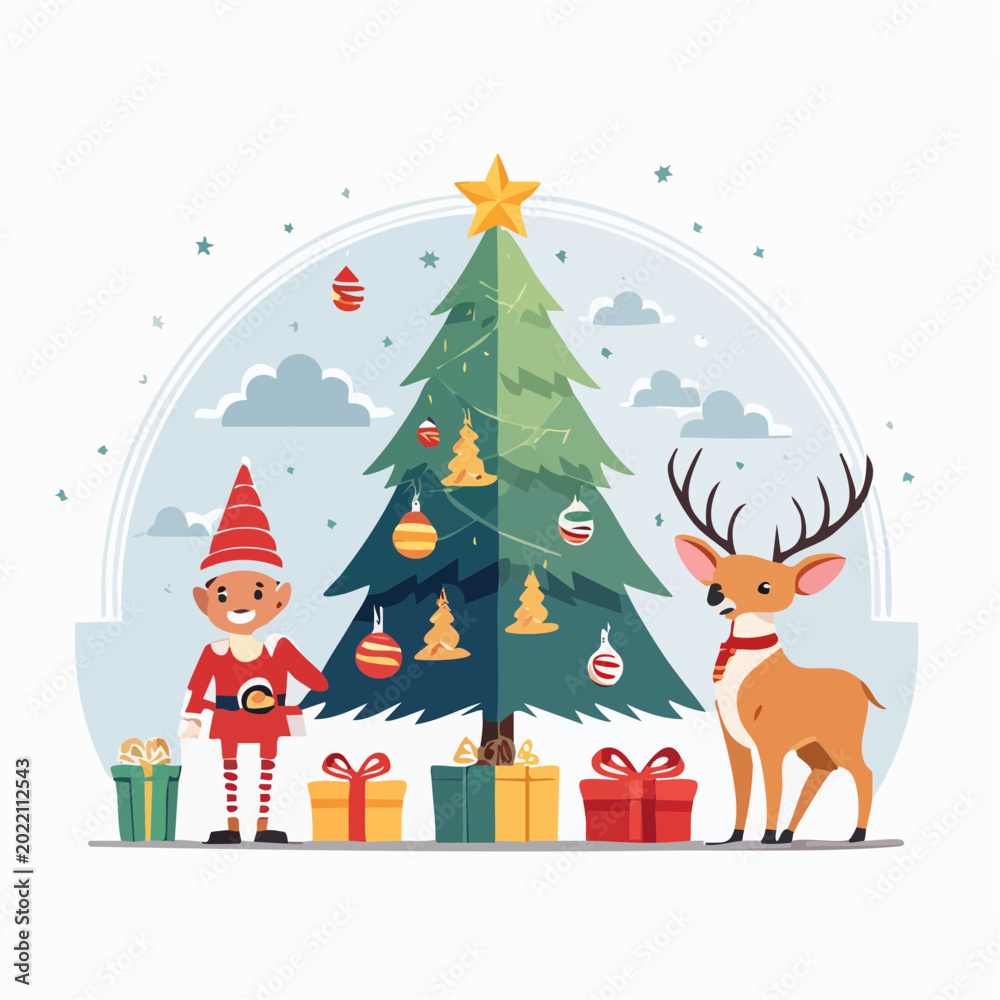 Fototapeta premium Christmas Scene with Elf, Reindeer, and Decorated Tree