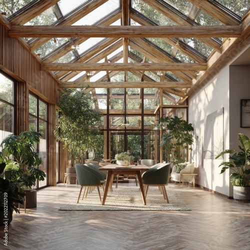 Sun-drenched room with wooden beams, large windows, plants, and dining table