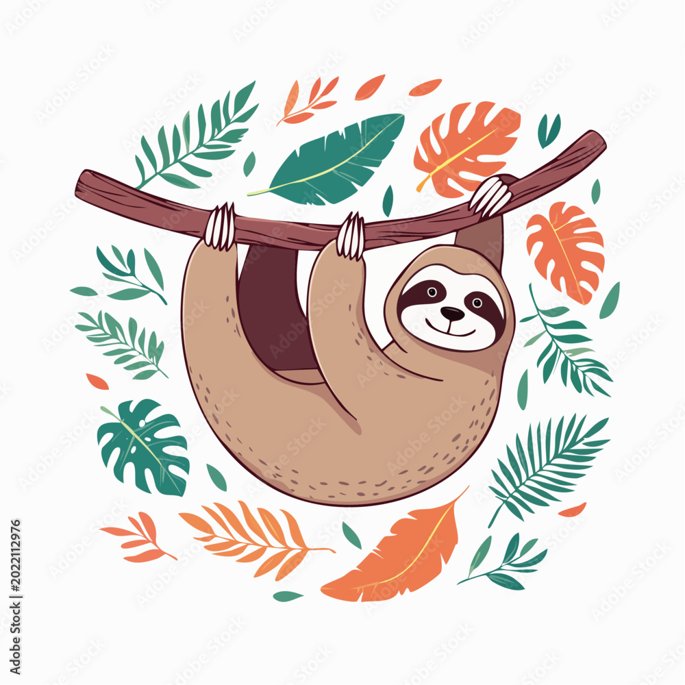 Fototapeta premium Cute Sloth Hanging on a Branch with Tropical Leaves