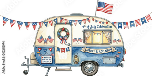 Camper trailer displays patriotic decorations for the fourth of July.