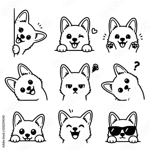 Corgi Puppy Character Expressions Set in Cute Line Art Illustration Style