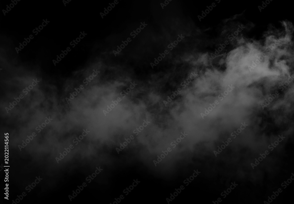 Fototapeta premium Dark fog and smoke overlay drifting across a black background, creating a soft atmospheric mist texture with moody contrast and cinematic copy space.