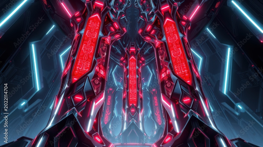 Fototapeta premium Futuristic tunnel glows with vibrant red, blue lights. Complex geometric patterns create immersive digital space. Dark background emphasizes bright illumination.
