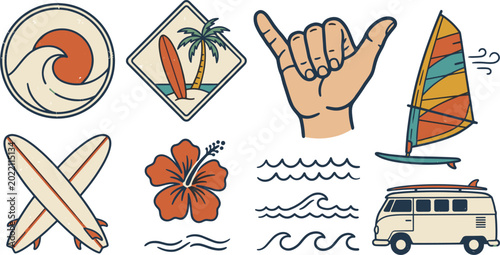 Sticker Surfing and Beach Vector Set Featuring Surfboards, Hibiscus, Van, Waves, Sailboa