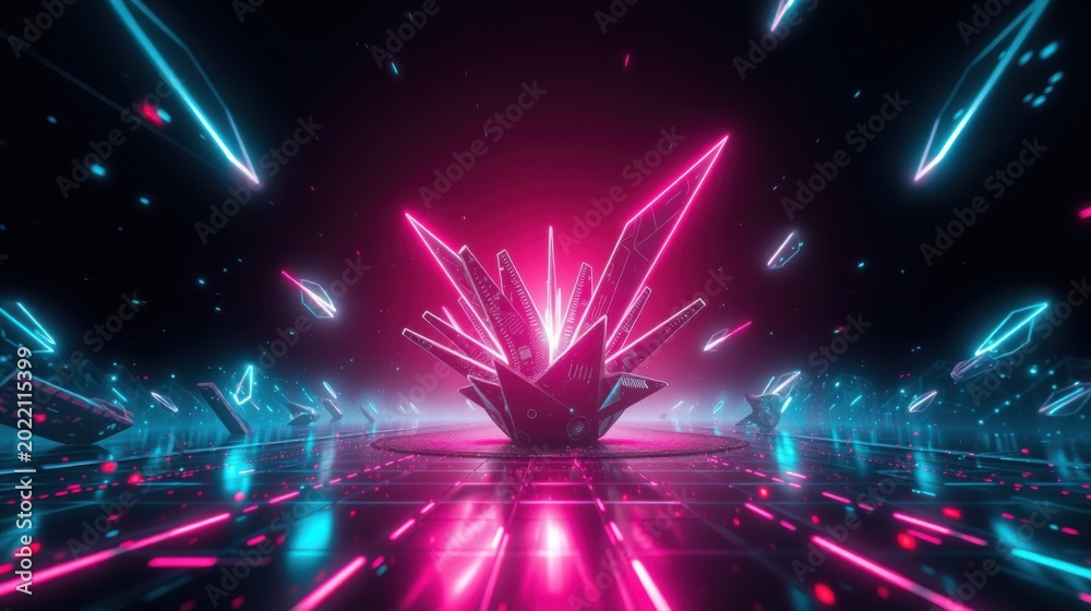 Fototapeta premium Futuristic tunnel glows with vibrant neon lights. Pink, cyan hues create immersive digital landscape. Abstract shapes float within dark space.