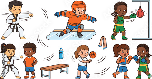 Photography Children's Sports Action Vector Set Featuring Karate, Ice Hockey, Boxing, Basket