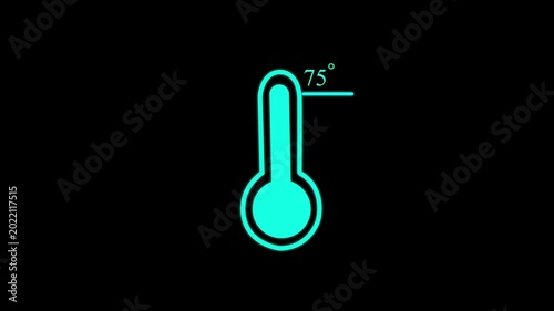 Animated thermometer with 75 degree temperature reading on black background animation