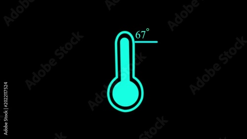 Digital thermometer animation with 67 degree temperature reading on black background gauge