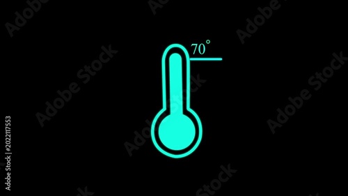 Digital thermometer animation with 70 degree temperature reading on black background weather