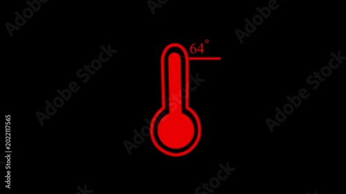 Minimalist red thermometer animation with 64 degrees temperature reading on black background