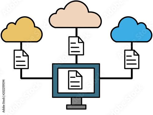 Data transfer illustration from computer to multiple cloud storage. Digital backup, online connection, file sharing, and technology communication concept