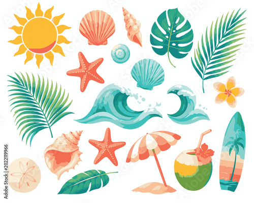 Tropical summer icons, beach vacation elements, palm leaves, seashells, starfish, waves