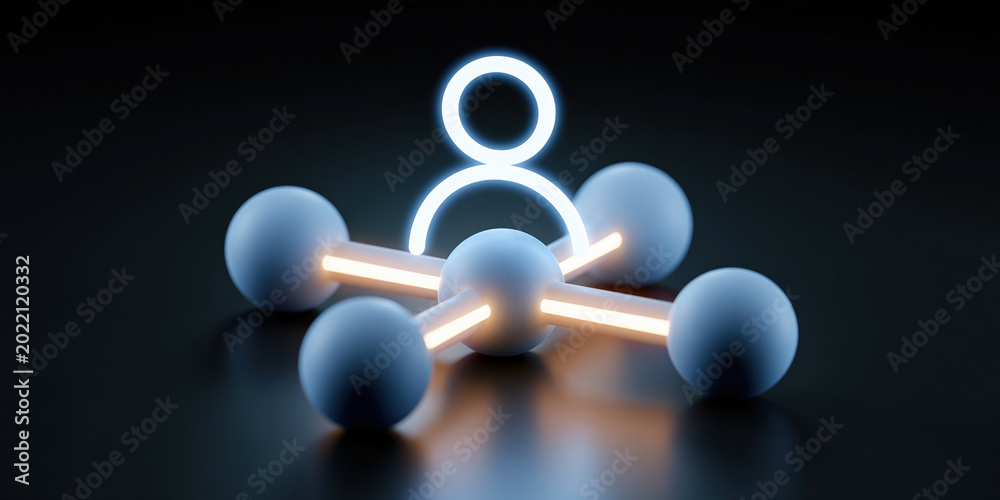 Obraz premium Cybersecurity data network hub with glowing user node and connected spheres dark futuristic