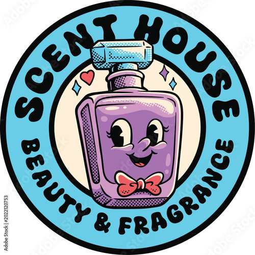 Tableau sur toile Retro scent house beauty and fragrance round logo with smiling perfume bottle ma