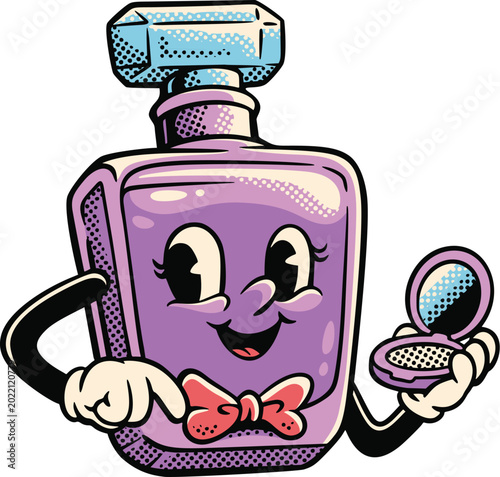 Retro perfume bottle mascot applying makeup with compact mirror, smiling face, bow tie, gloves, bold outlines, and vintage halftone texture