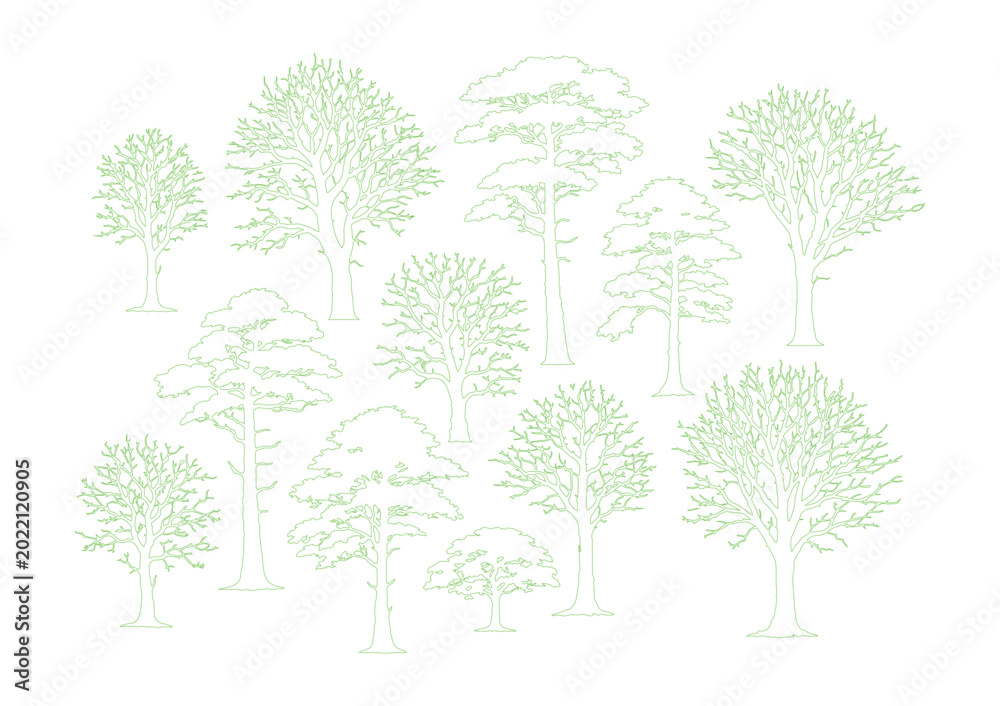 Fototapeta premium Minimalist green line art tree collection, set of 12 hand drawn botanical vector icons, organic forest plant sketches for landscape design