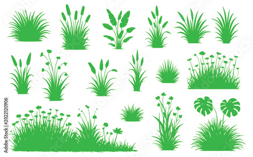 Canvastavla Green grass silhouettes and botanical plant set, collection of 16 garden shrubs