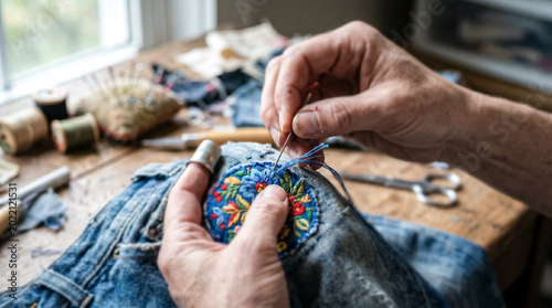 Close-up view of a person's hands meticulously sewing a colorful embroidered patch onto worn denim fabric with a needle and thread