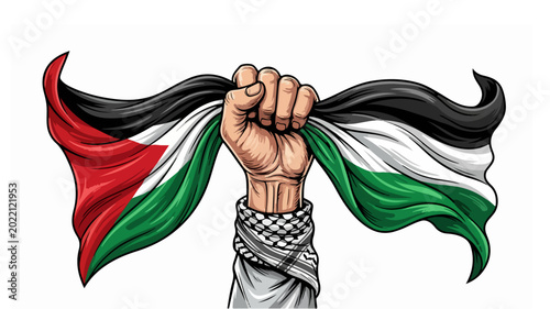 Schilderij op canvas Raised Fist Holding Palestinian Flag Symbolizing Freedom, Resistance and Solidar