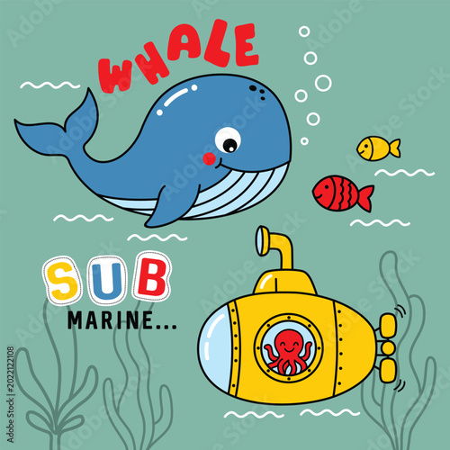 Cartoon whale and yellow submarine with octopus and fish shown in underwater environment. Marine concept