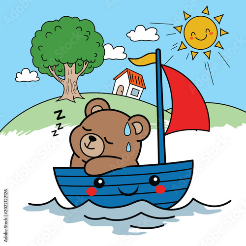 Sleepy brown bear resting inside blue boat with red sail on water. Adventure concept