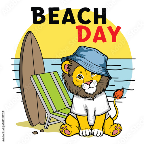 Stylized lion wearing hat and shirt sitting near surfboard and lounge chair at seaside. Summer concept