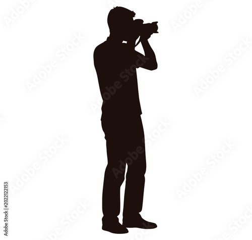 Man holding camera and taking picture in profile view isolated on white background
