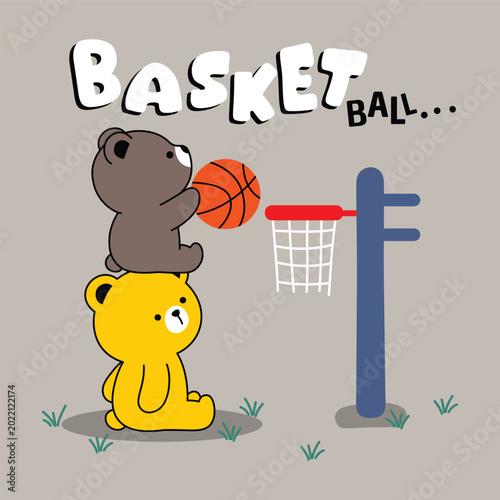 Small brown bear standing on yellow bear throwing ball into hoop. Sport concept