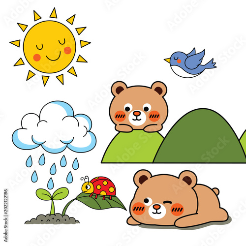 Two cute bears shown in different poses alongside sun, cloud, bird and small plant in nature setting. Nature concept