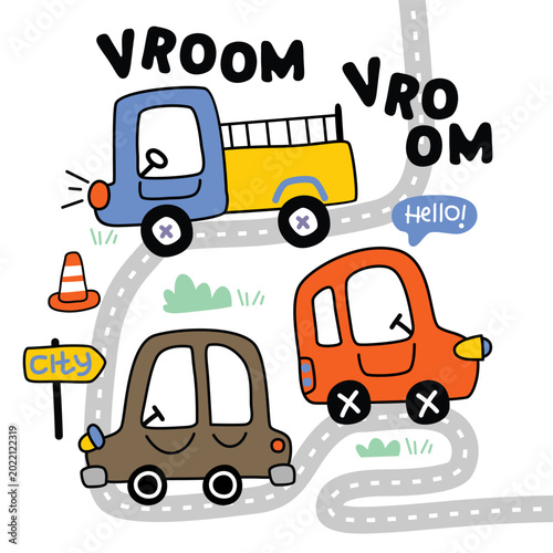 Cute cartoon cars moving along road with traffic signs and playful text elements. Kids design concept