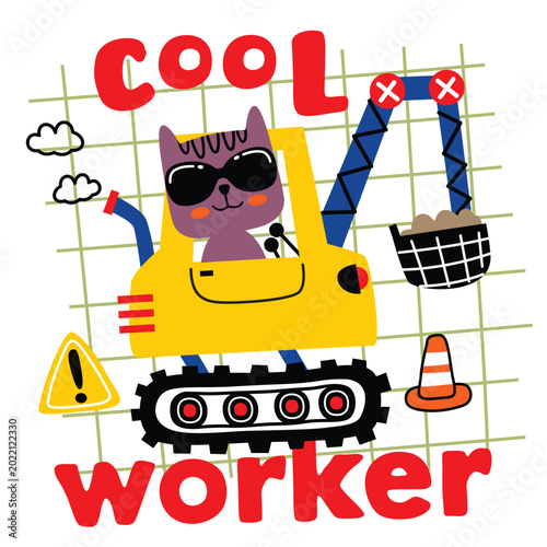 Cartoon cat wearing sunglasses driving yellow construction vehicle with various signs. Kids design concept