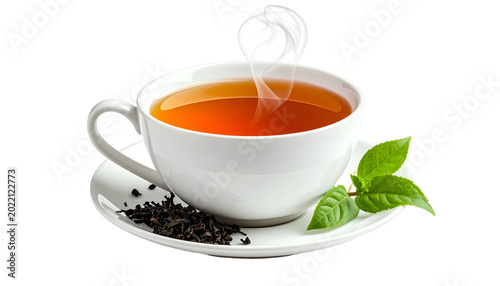 Hot Tea Cup With Steam Mint Leaves and Loose Tea Isolated Transparent