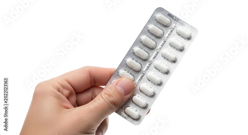 Human Hand Holding White Pill Blister Pack Isolated White Background