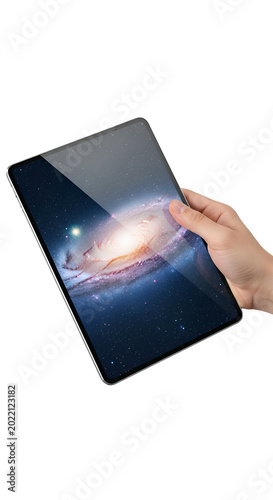 Human Hand Holds Tablet Showing Galaxy Spiral Nebula Space Illustration