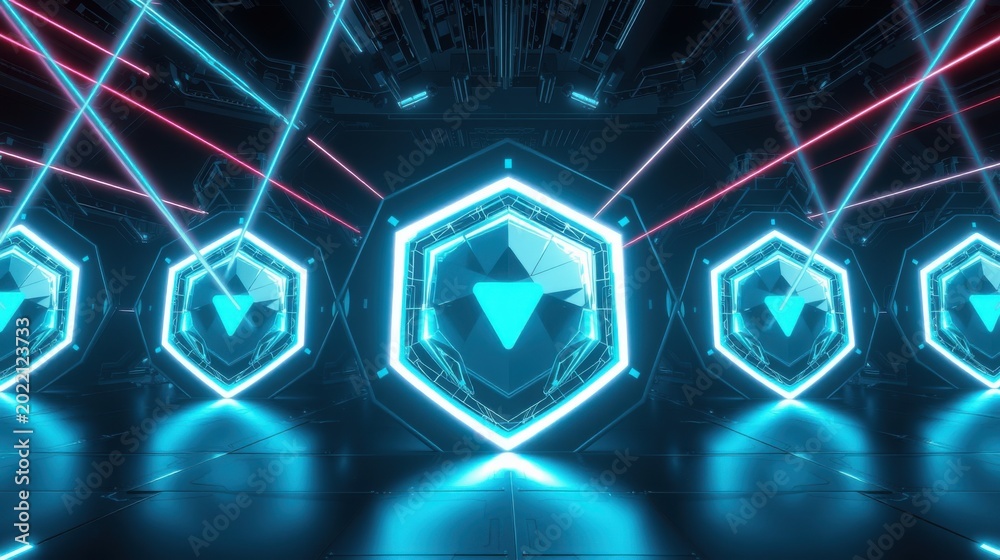 Fototapeta premium Futuristic corridor features glowing hexagonal panels, neon lights, dark metallic walls. Dramatic perspective creates immersive digital space.