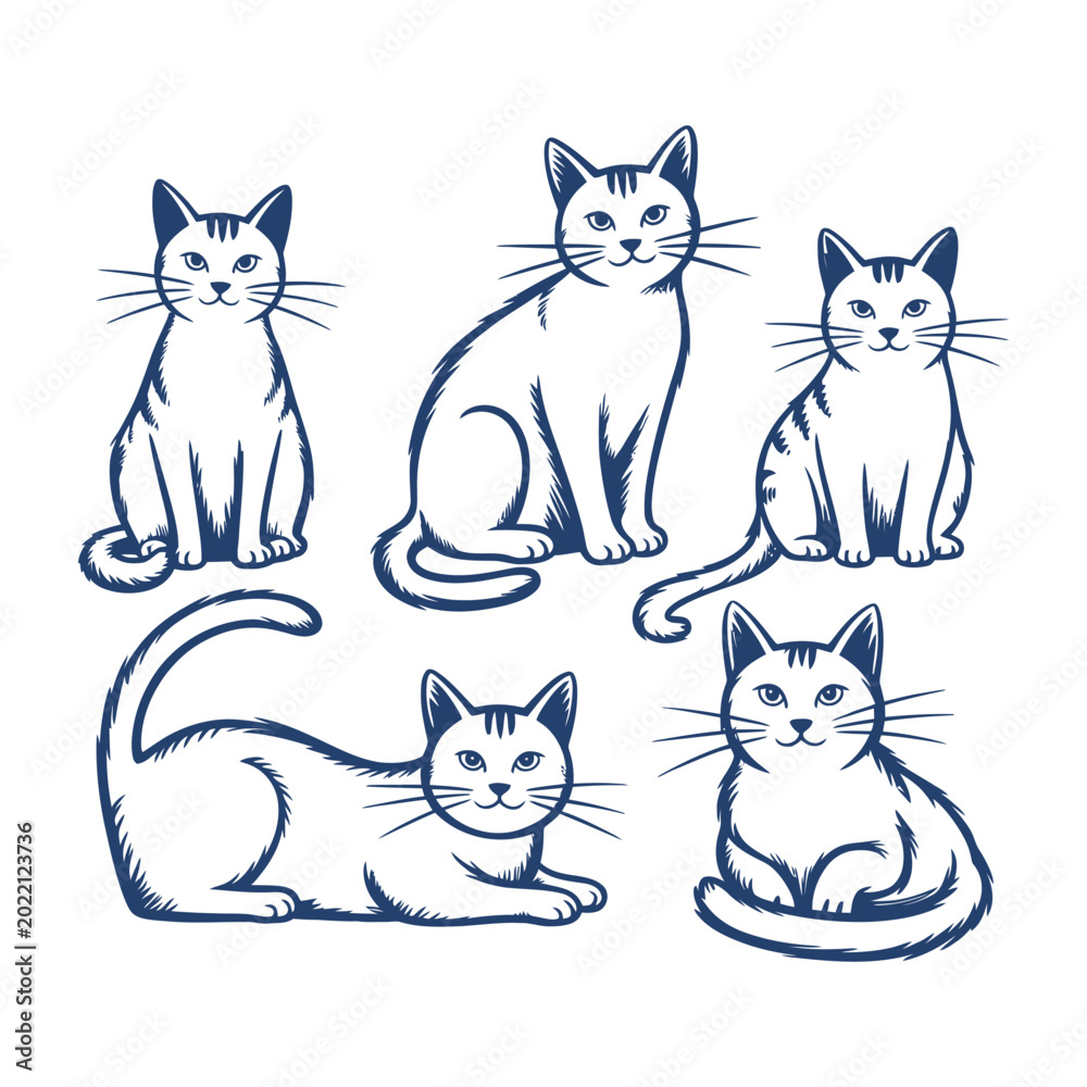 Fototapeta premium Collection of cats blue line drawing on white background