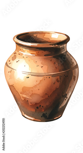 Isolated Antique Terracotta Pot with Warm Sunlight Subtle Details Watercolor Illustration