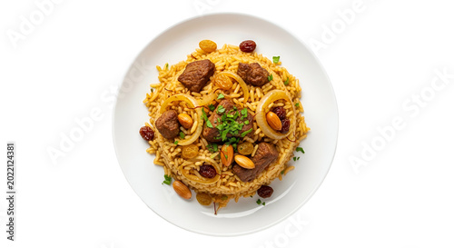 Isolated Authentic Pilaf Rice Dish with Meat and Raisins