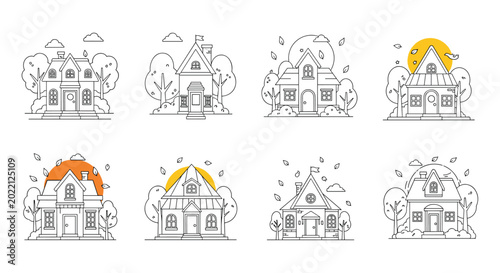 Collection of eight simple architectural sketches of houses with various designs and autumn leaf details on white background.