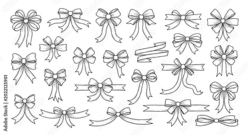 Obraz premium Comprehensive set of various hand-drawn ribbon bows and ribbons in a detailed black and white sketch style for gifts and decorations.