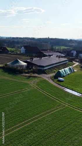 Aerial view of agricultural farm in rural countryside landscape
