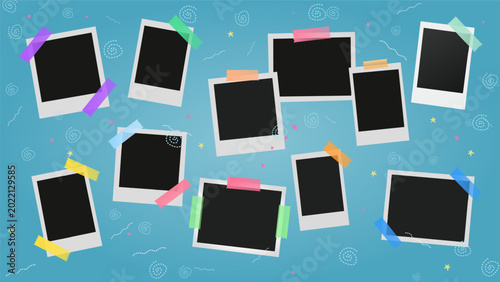 Creative collection of blank polaroid frames with colorful washi tape and whimsical doodles on a blue background. Perfect for scrapbook layouts, memory boards, and social media photo templates