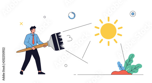 Photos Professional man performs data scrubbing tasks using large cleaning brush to remove unwanted information near sun and botanical elements