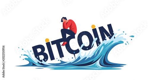 Photos Distraught investor sits on top of sinking bitcoin text as massive blue water waves crash against cryptocurrency market volatility symbol